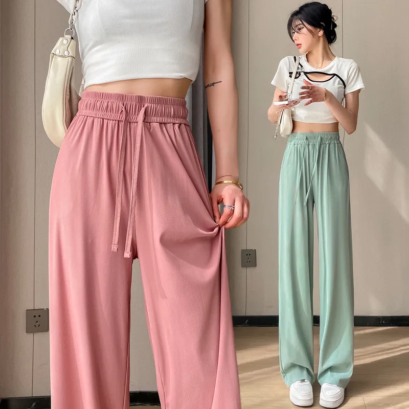 Lente zomer mode hoge taille trekstring wide been broek vrouwen roze beige zwart groen palazzo broek Koreaanse stijl casual