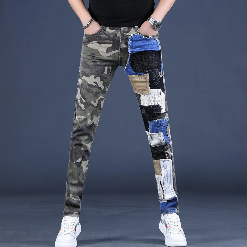 Jeans Masculino Masculino Leve Luxo Moda de Rua Camuflado Jeans à prova de Desgaste Estilo Moderno Calças Jeans Casuais com Patchwork Slim Fit; 230619