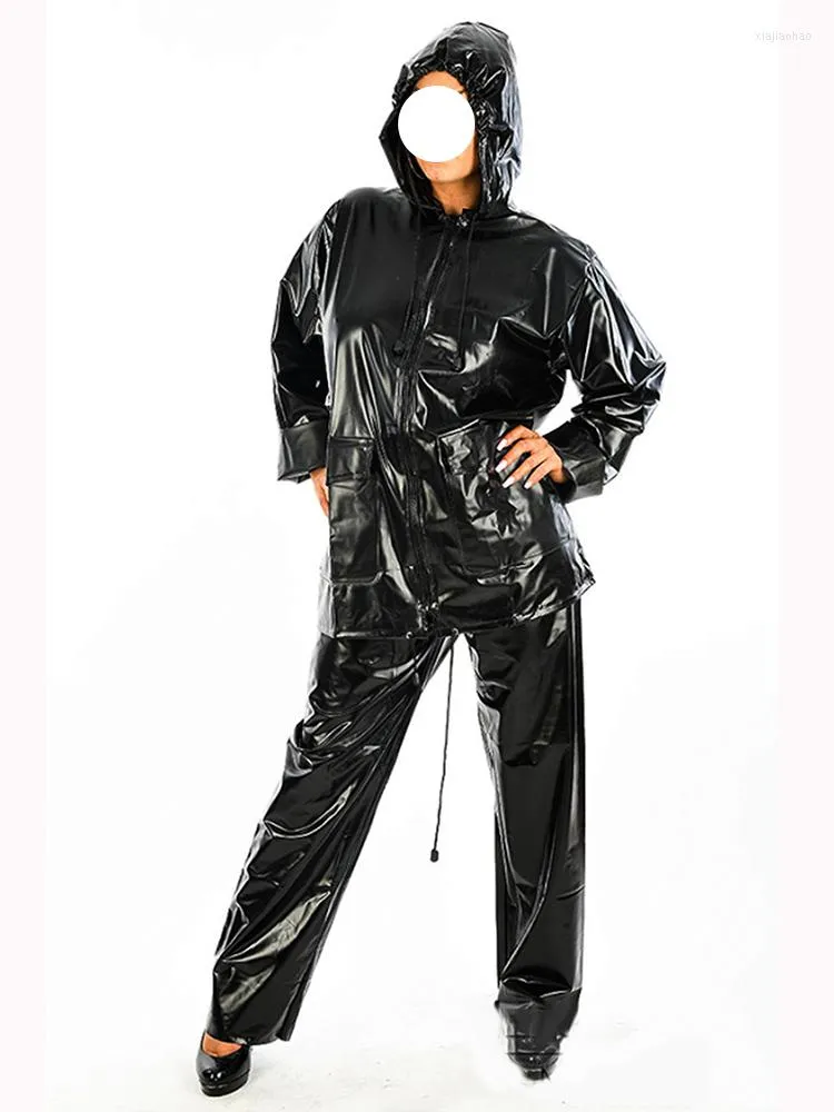 レディースツーピースパンツ女性PVCフード付きコートトップポケットルーズ2ゴシックシャイニーパテントレザーフルジップジャケット弾力性ズボンスーツカスタム