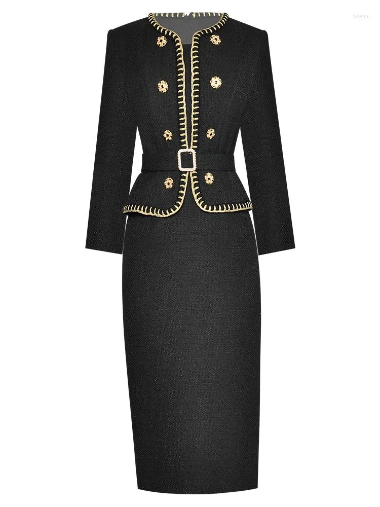 Повседневные платья Женские дизайнерские высококачественные великолепные вечеринки Элегантное черное рукавое платье с бриллиантами с длинным рукавом твидо