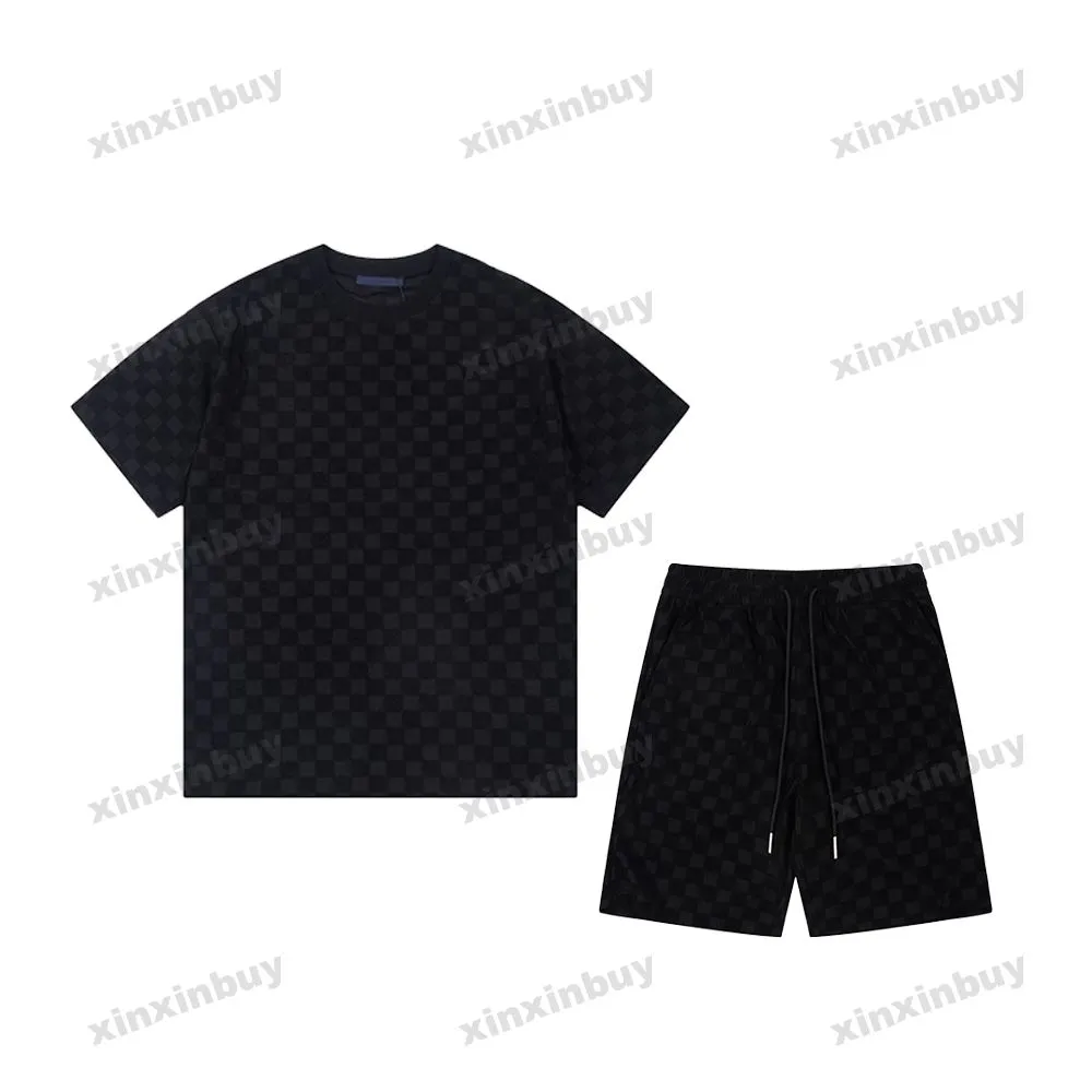 xinxinbuy Men designer Tee t shirt 23ss plaid Jacquard towel fabric sets short sleeve cotton women white black XS-2XL