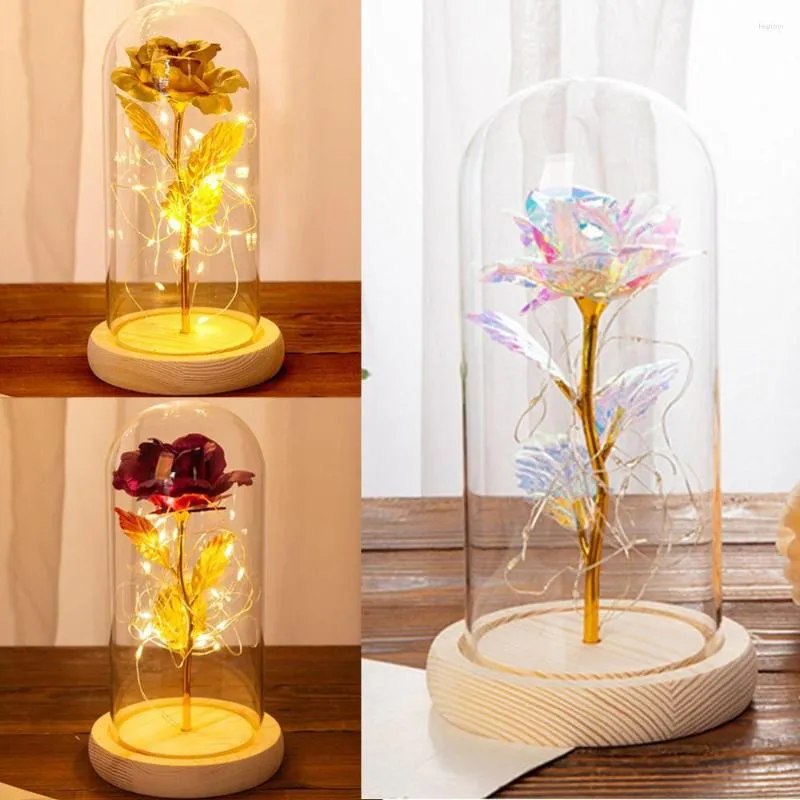 Flores decorativas folha de ouro 24K flor rosa com luzes banhadas em cúpula de vidro 20 LED corda de 2 m na base de madeira