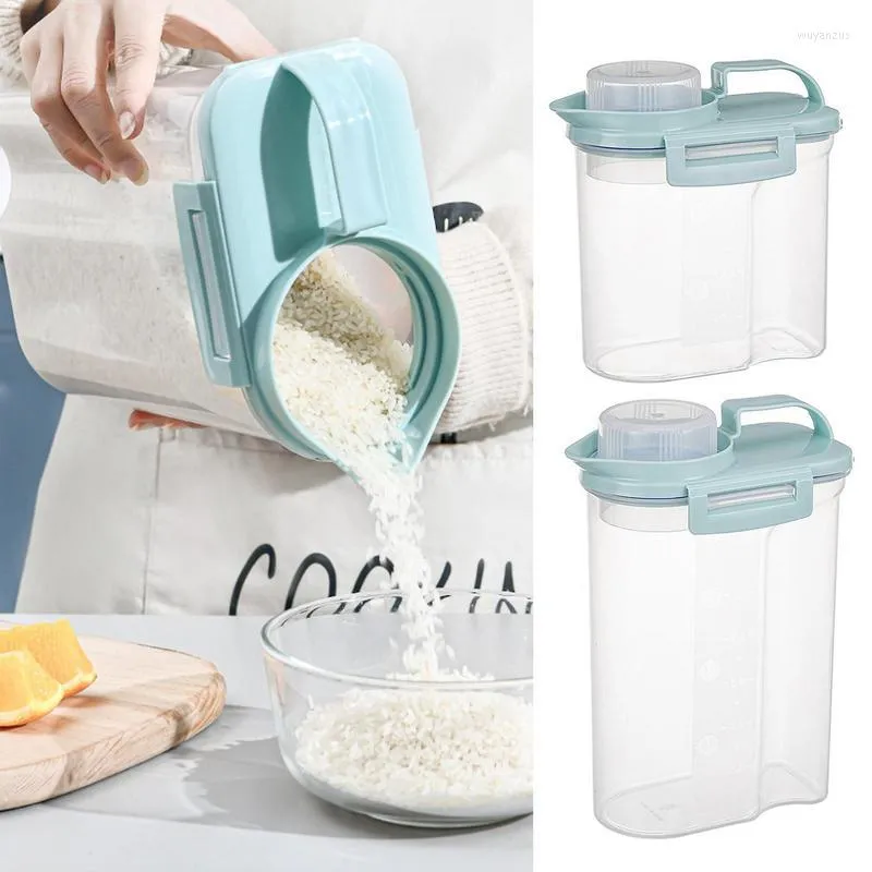 Dispensador de alimentos de grano grande de barril de arroz de botellas de almacenamiento con taza medidora a prueba de polvo organizador de cocina caja de mango transparente de 3,3 libras/5,5 libras