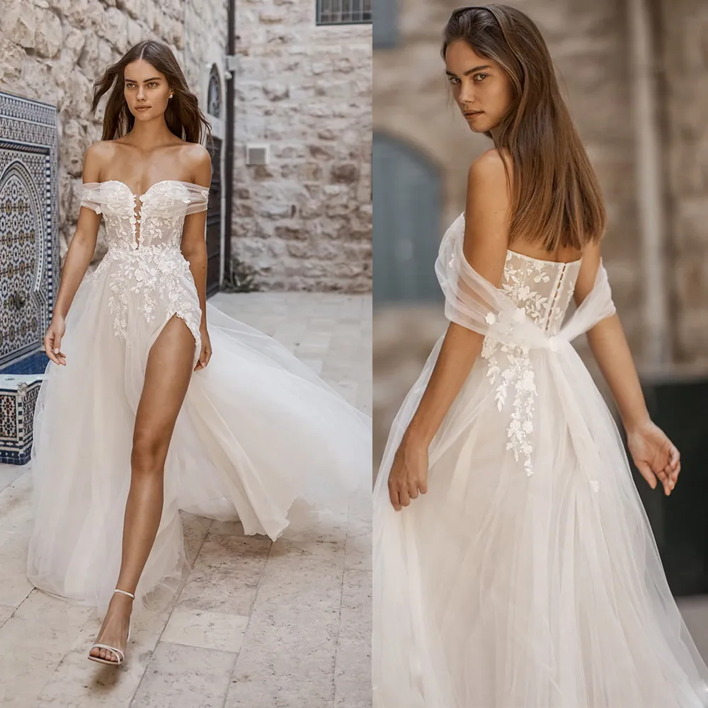 Chic Oberschenkel hohen Slits Boho Brautkleider für Frauen Boot Hals Strand Braut Kleid Spitze eine Linie Tüll Vestido de Novia Robe de Mariee