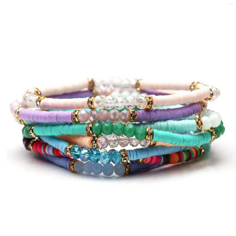 Charm Bracelets Colorful African Vinyl Beads Heishi Stretch Bracelet Women Boho Macaron Color Sparkling Faceted Crystal Spacer