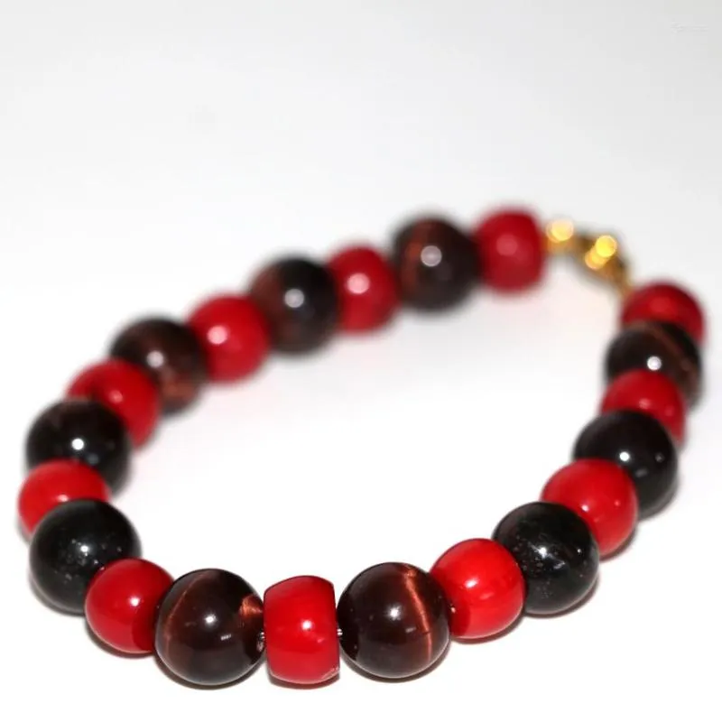 Link Armbanden Europese Stijl Natuurlijke 10mm Rood Geel Tiger Stone Coral Armband Originele Diy Kralen Mode-sieraden 7.5inch