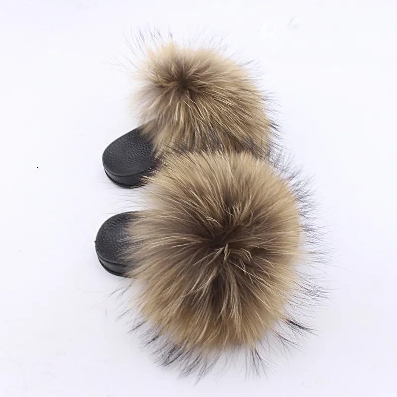 Real Hair Plush Pink Fluffy Slippers For Kids Furry Fur Slides For