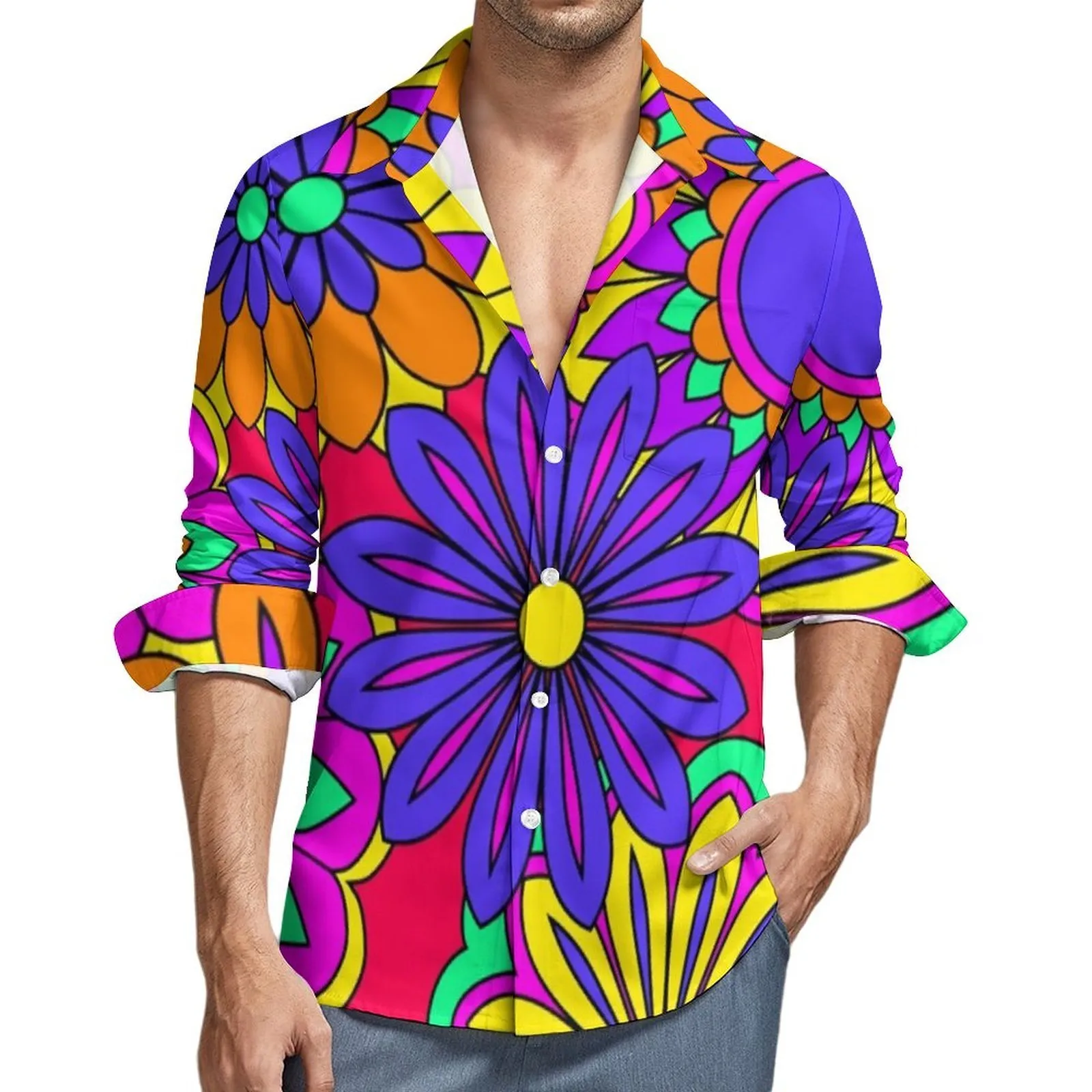 Camicie casual da uomo Camicie casual con stampa psichedelica Camicia da uomo Groovy Flower Power Manica lunga Moda Streetwear Camicette Autunno Top personalizzati Taglia grande 230619