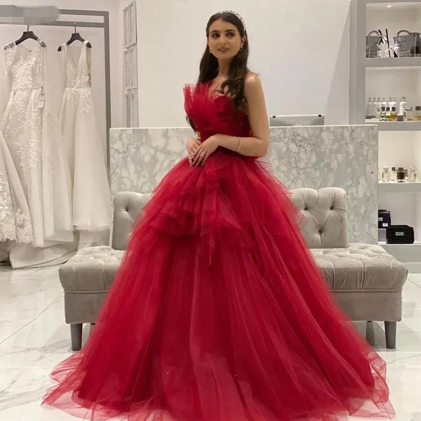 Bourgogne Puffy Prom Dresses Long Evening Ball Gowns Axless Vestidos de Fiesta Sparkling Tulle Pageant Party Dress 2023 Ny