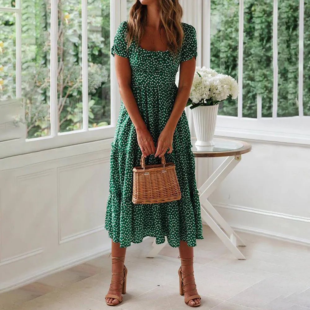 Grundlegende Freizeitkleider für Damen, mit Blumenmuster, Boho-Kaftan, Midi-Kleid, Damen, O-Ausschnitt, kurze Ärmel, Sommerurlaub, Strand, Swing-A-Line-Sommerkleid für 230619