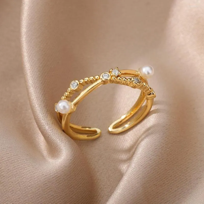 Cluster Ringen Romantische Kruisvorm Imitatie Parel Voor Vrouwen Open Goud Kleur Stainelss Staal Geometrische Ring Esthetische Juwelen Party Gift