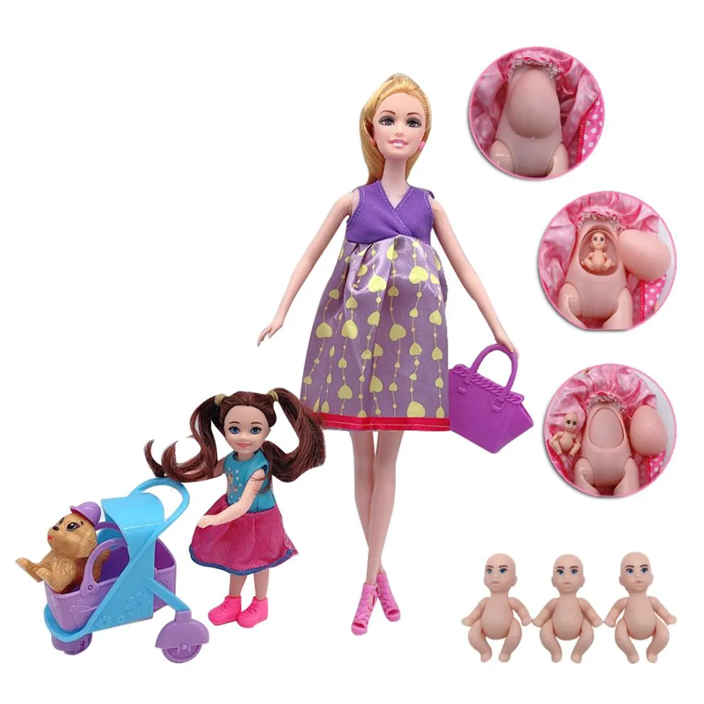 11 5 5 أزياء الحامل Barbies Doll Mother and Child Coken Trolley Puppy Advance Accessories 4 Little Dolls194b