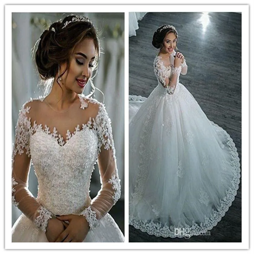 2021 New Dubai Elegante maniche lunghe A-line Abiti da sposa Sheer girocollo in pizzo Appliques in rilievo Vestios De Novia Abiti da sposa wit317E