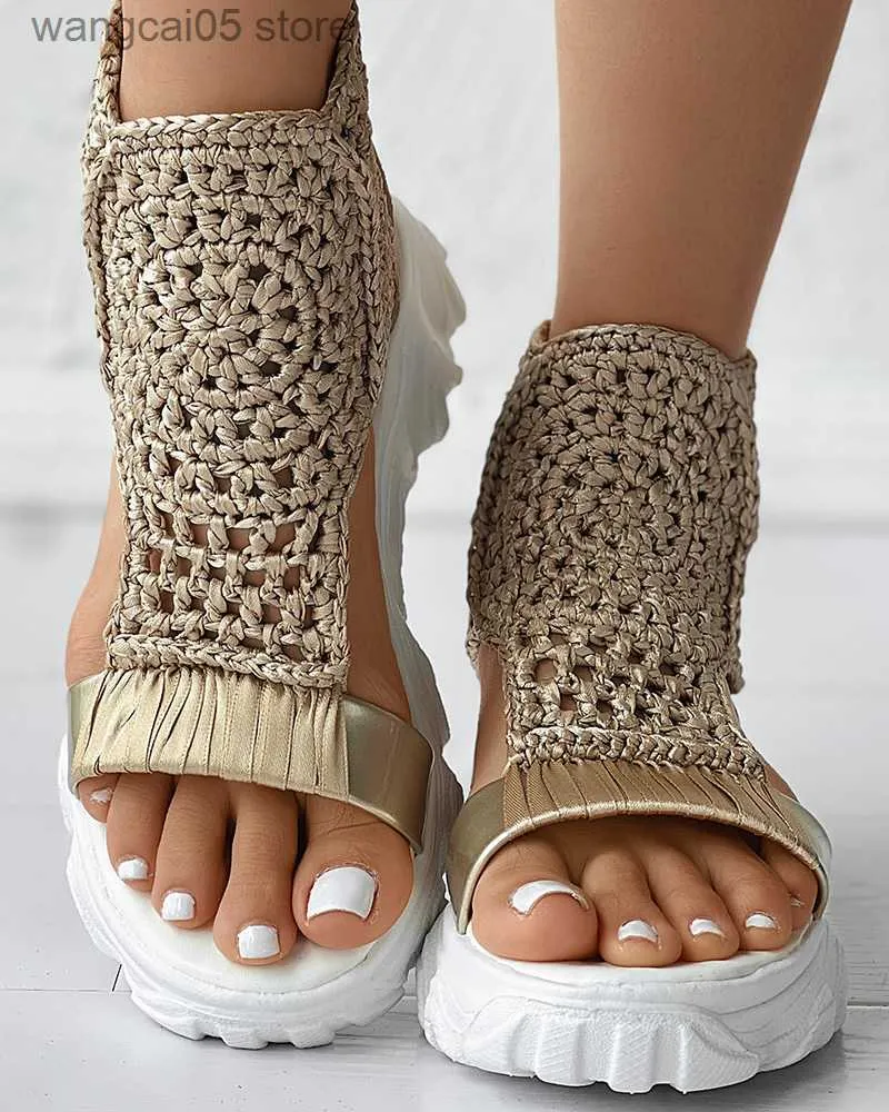 Sandalen Damen Sandalen Geflochtene geometrische Plattform Keilsandalen Gestrickte elastische Sommerpantoffeln Mesh Flache Sandalen Hohle Damenschuhe T230619