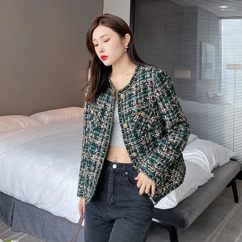 Kvinnorjackor Green Plaid Tweed Kvinnor Woolen Coat Högkvalitativ Outwear 2023 Autumn Winter Round Neck Vintage Jacket