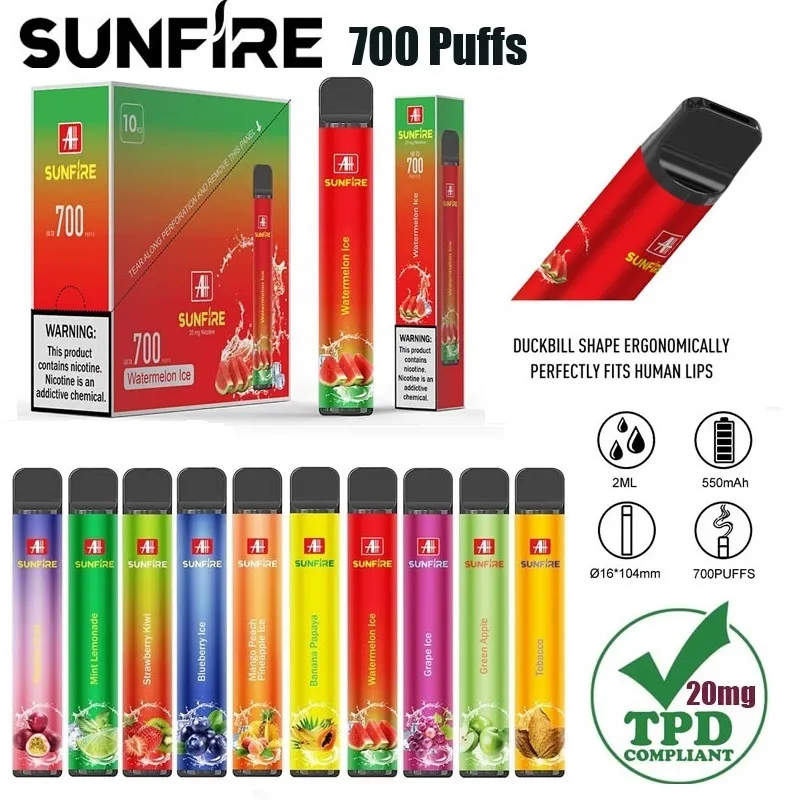 Authentique Sunfire TPD 700 800 10000 Puffs Disposable ECIG 2ML Préfaisé 10 saveurs enregistrées 20mg POD VAPE PENS DIRECTIVE E Cigarettes 550mAh Pilater