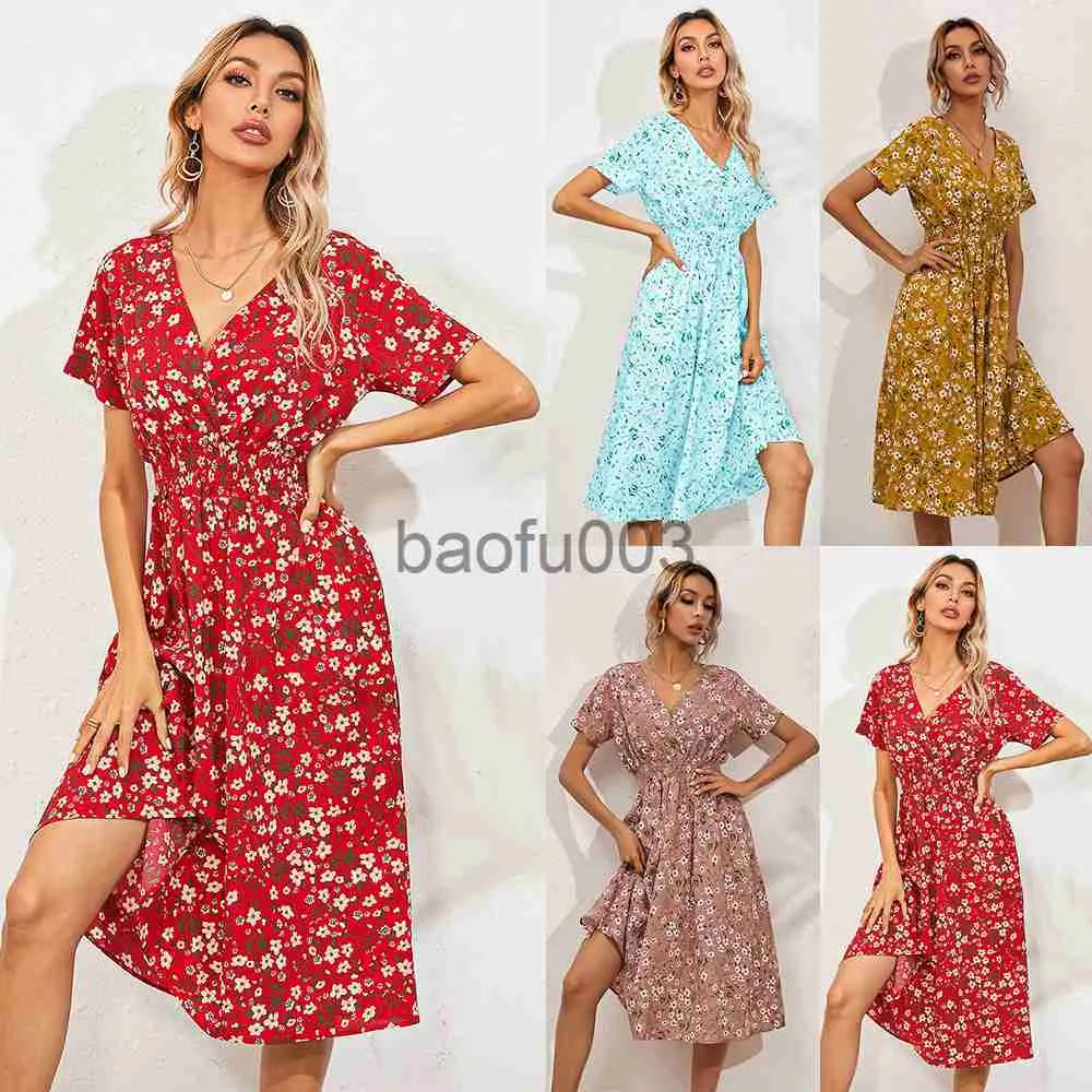 Casual Dresses Elegant Printed Casual Beach Midi Dresses Women Summer V-Neck Kort ärm Empire Midja A-Line Dress Sundress Vestido Robes 9966 J230619