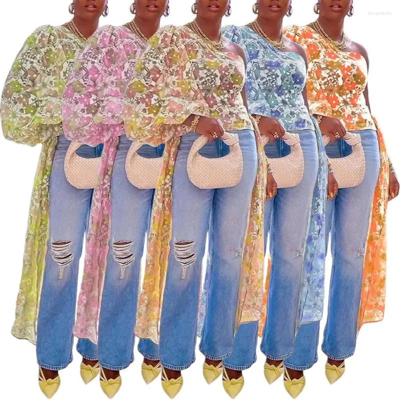 Kvinnors T -skjortor Sexig Chiffon Sheer One Shoulder Tops Women Long Lantern Sleeve Bluses With Straps Summer Fashion Floral Printed