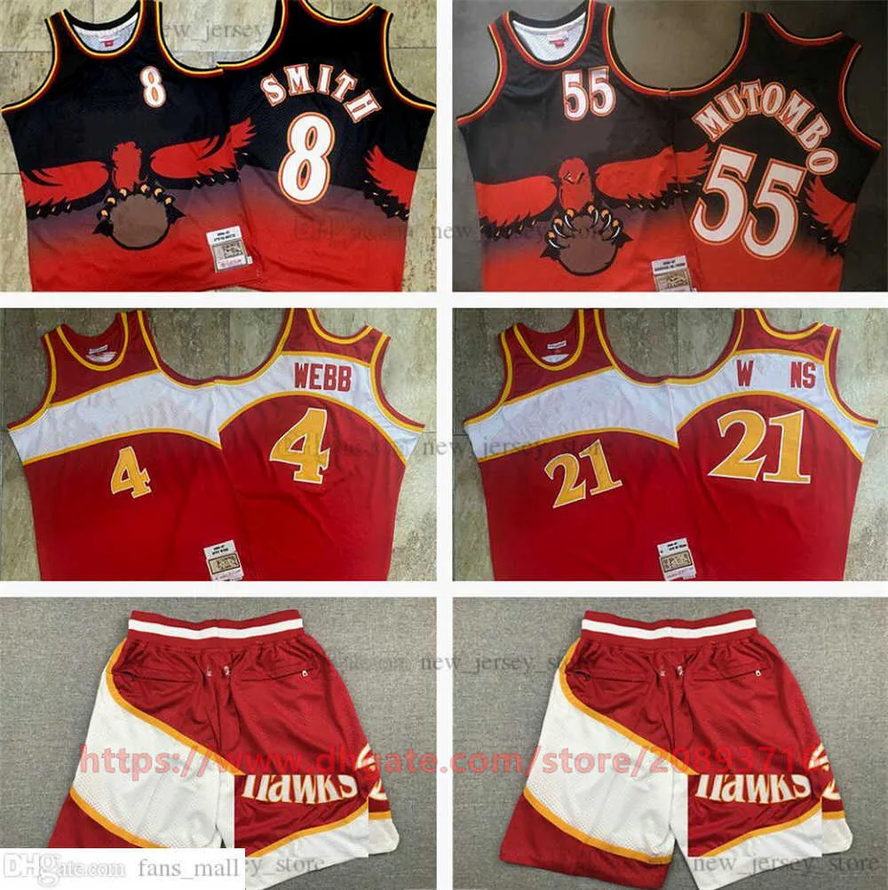 후퇴 정통 스티치 농구 Spud Webb Jerseys 레트로 디지털 프린트 8 Steve Smith 55 Dikembe Mutombo Jersey 통기성 고품질