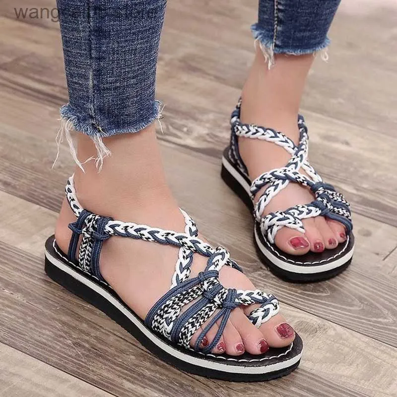 Sandals New Women's Sandals Large Size 35-44 Flat Women Shoes Rope Knot Summer Europe Beach Open Toe Sandals 11 Colors Zapatos De Mujer T230619