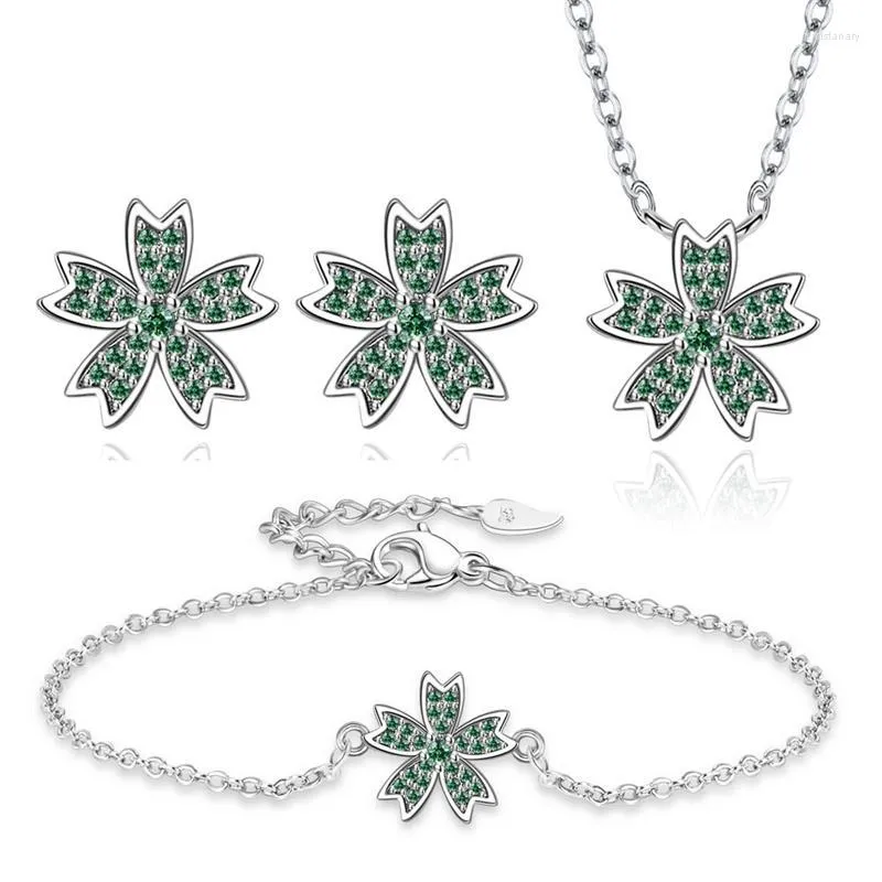 Halsbandörhängen Set liten färsk personlighet Cherry Blossom Pendant Earring Trend Green Leaf Armband Söt klavikelkedja