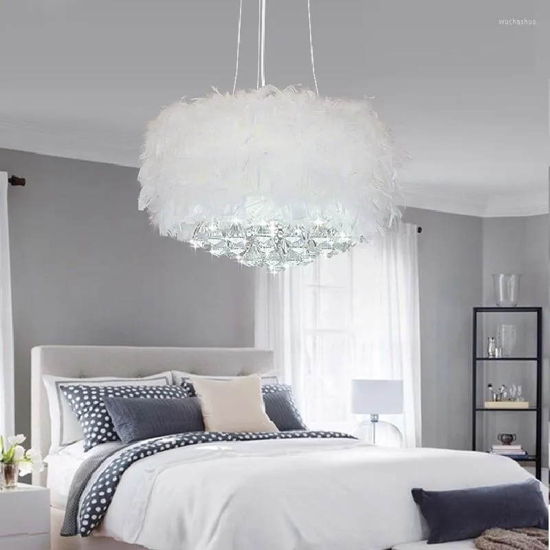 Pendant Lamps Remote Control Girls Room Cute Crystal Lamp LED Korean Feather Combined With Features