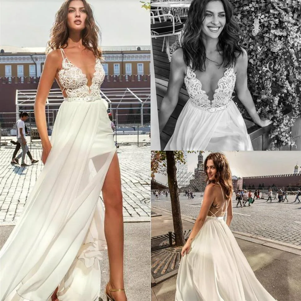 2019 Papilio Boho Brautkleider Spaghetti -Träger Spitze Applikat Brautkleider Rückenless Robe de Mariee Sommer Beach Hochzeitskleid S286P