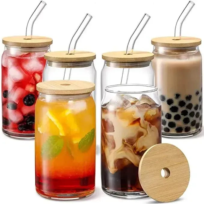 CA US STOCK 16OZ Sublimation Glass Beer Mugs with Bamboo Lid Straw Tumblers DIY Blanks Frosted Clear Can Heat Transfer Tail Cups Tumbler