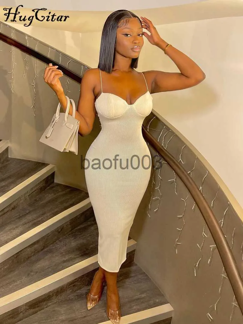 Casual Dresses Hugcitar Backless Solid Sleeveless Revealing Midi Strips Dress 2022 Spring Bodycon Sexy Streetwear Party Club Outfits Y2K J230619