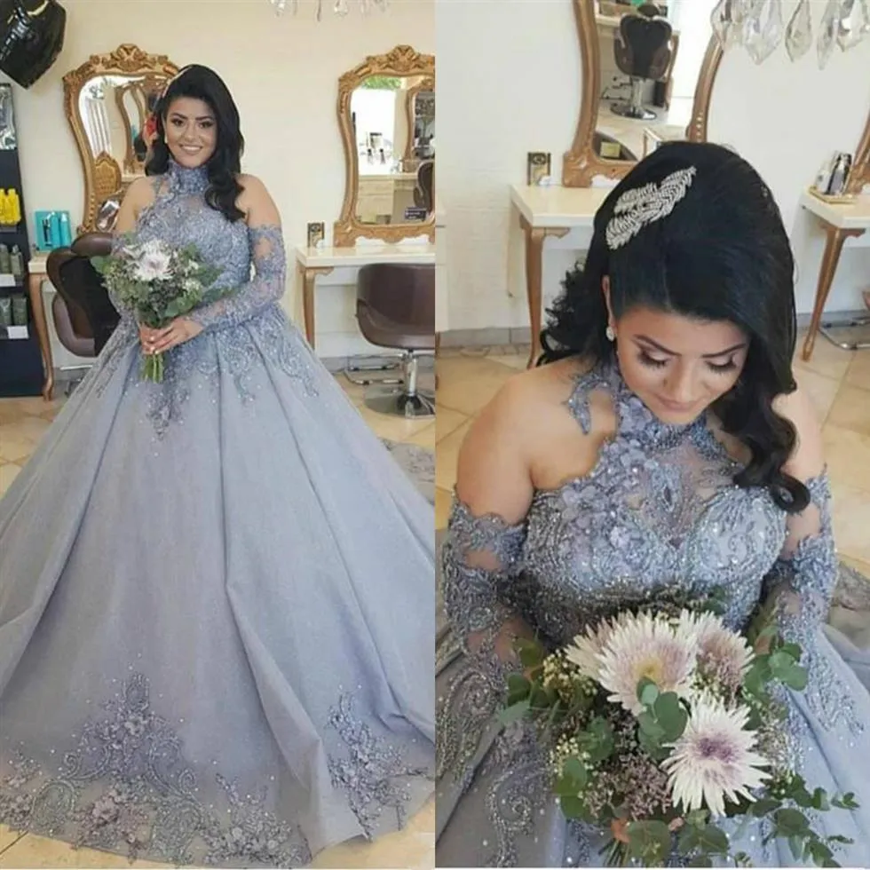 Plus Size Silver Princess Wedding Dresses Bridal Dress 2022 High Neck Lace Beaded Sweep Train Long Sleeve Arabic Church Wedding Go293n