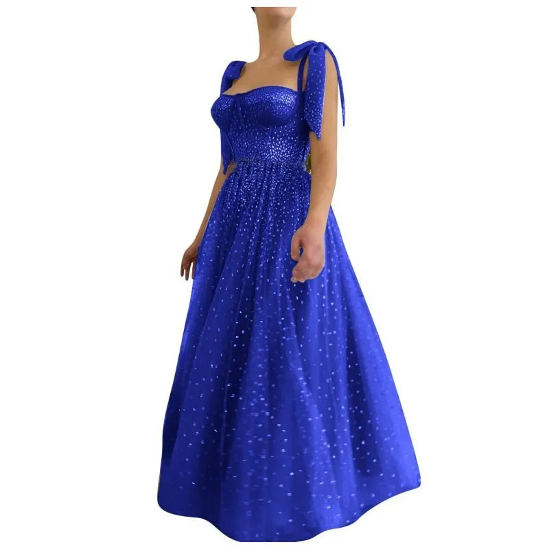 Casual Dresses Elegant Square Collar Graduation Ball Gown Net Yarn Sequined Bow Strap Dress Women Gold Bronzing Banquet Party Vestidos