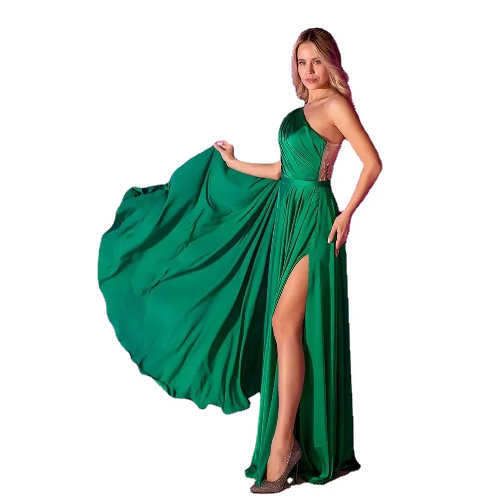 Изумрудная зеленая боковая сторона сплит вечерние платья иллюзия бусинки обратно выпускной платье с мысом шифоны шифоновые женщины специальное платье