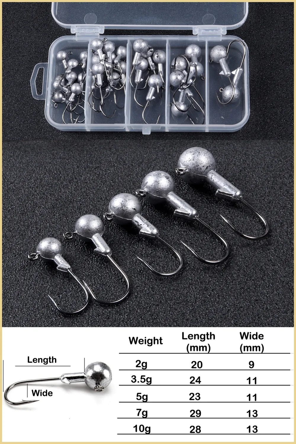 Mixed Weight Jig Head Fishing Hooks, 5 Sizes 1g 7g, 1 Box