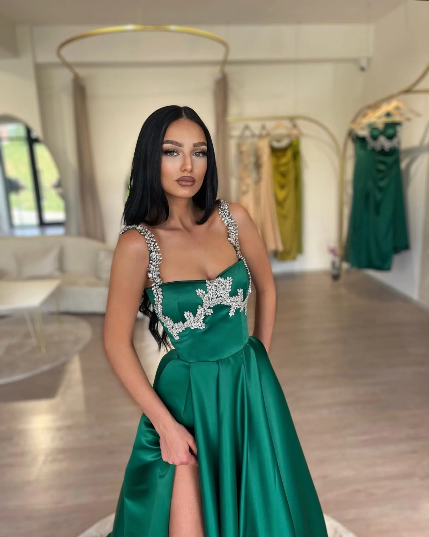 slim fit dress slacks Zapaka Women Dark Green Sequins Plus Size Prom Dress Mermaid Spaghetti Straps Formal Dress with Split Front, Dark Green / US16 main image 1