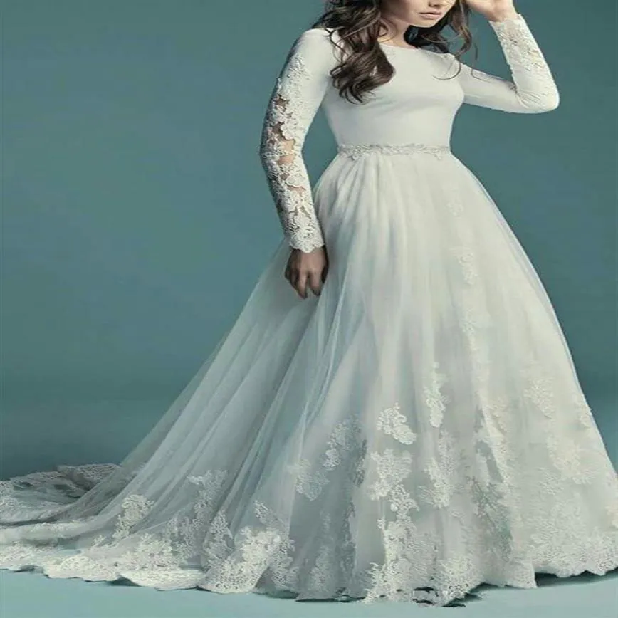 2021 وصول فستان زفاف متواضع من خط التوقيت مع الأزرار الطويلة الأكمام الزمنية ذات الأكمام الطويلة.
