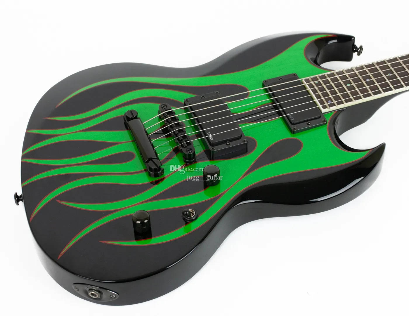 LTD Metallic James Hetfield Grynch Signature Green Flame Black SG Elektrische Gitaar White Pearl Dot Inlay China EMG Pickups Zwarte Hardware