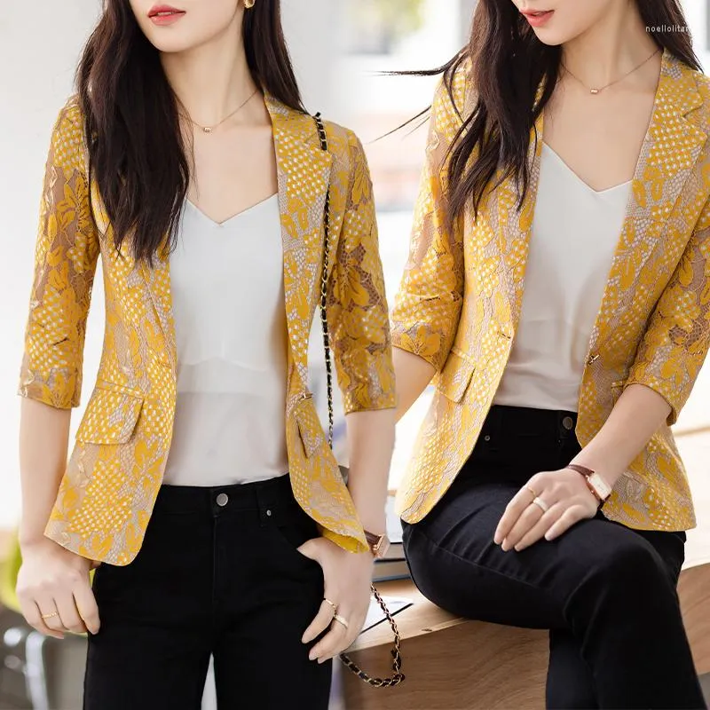 Women's Suits Elegant Pockets Lace Spliced Blazers Women's 2023 Summer Loose Casual Tops Three Quarter Sleeve Thin Blazer Office Lady