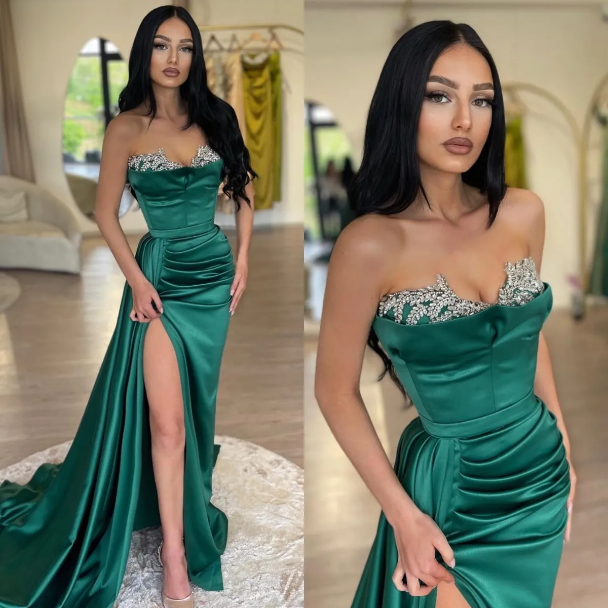 Elegant Emerald Green Prom Dresses Beads Sweetheart Party Evening Gowns Split Formal Long Special Occasion dress