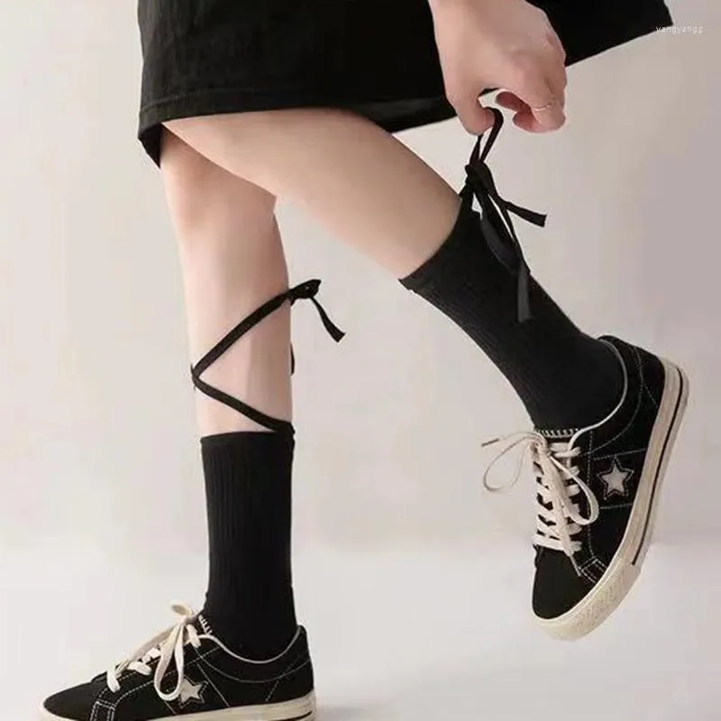 Women Socks Black Lace Up Long Sock For Students Sport Gym Knitted Stockings Thigh Highs Sexy Woman Lingerie White