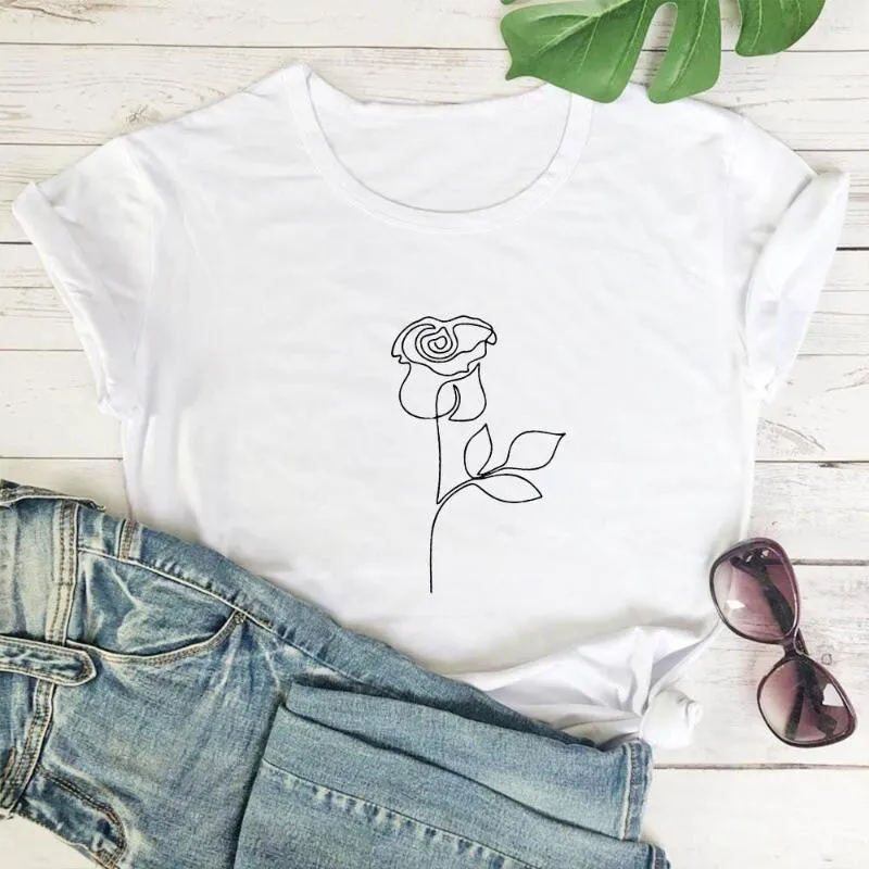 T-shirt da donna T-shirt con stampa a motivo rosa semplificato T-shirt da donna a maniche corte in cotone con scollo a V nero T-shirt con grafica a lettera rossa nera femminile