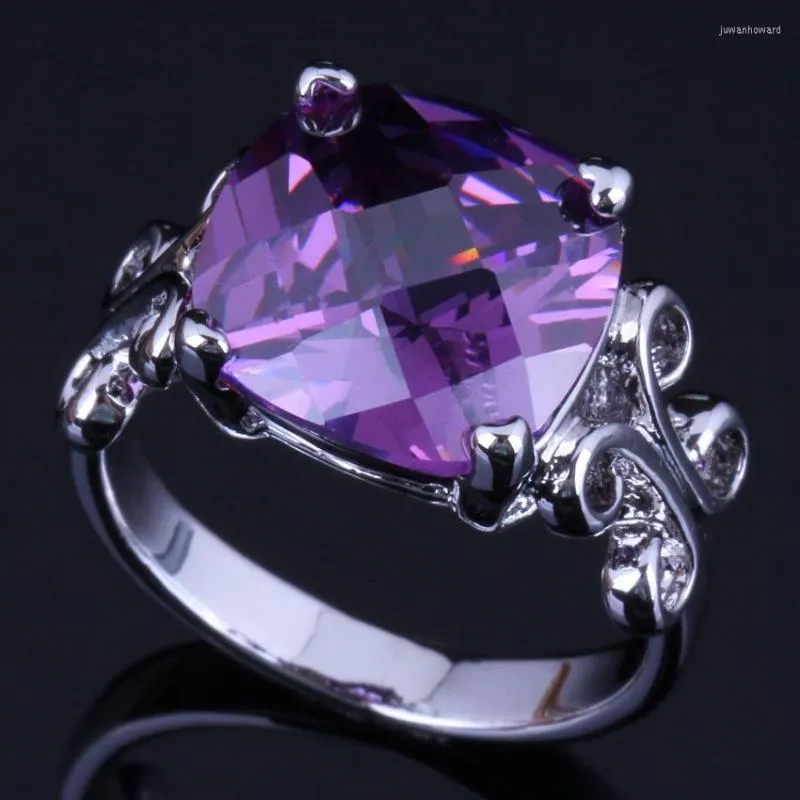 Cluster Rings Flawless Square Purple Cubic Zirconia Silver Plated Ring V0455