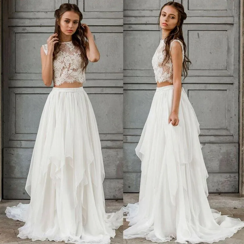 Sexy Two Piece Boho Wedding Dress 2021 Crop Top Chiffon Summer Beach Garden Bride Dresses Floor Length Bohemian Country Bridal Gow291o