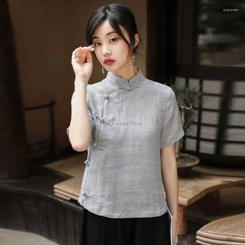Ubranie etniczne 2023 Kobiety Summer Chinese Zen Tang Suit Qipao Top Style Stand Okoł Krótki rękaw Elegancki retro cheongsam bluzka S252