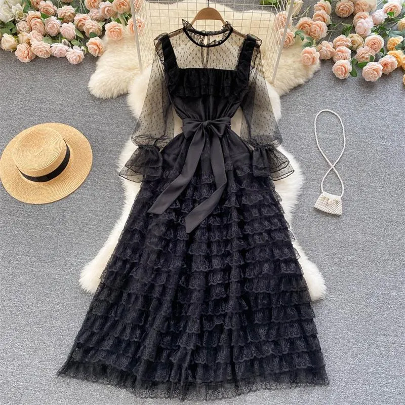 Casual Dresses Vintage Black Lace Dress Elegant Evening Party Robe Women Sweet Mesh Long Sleeve A-Line Sheer Ball Clown G986