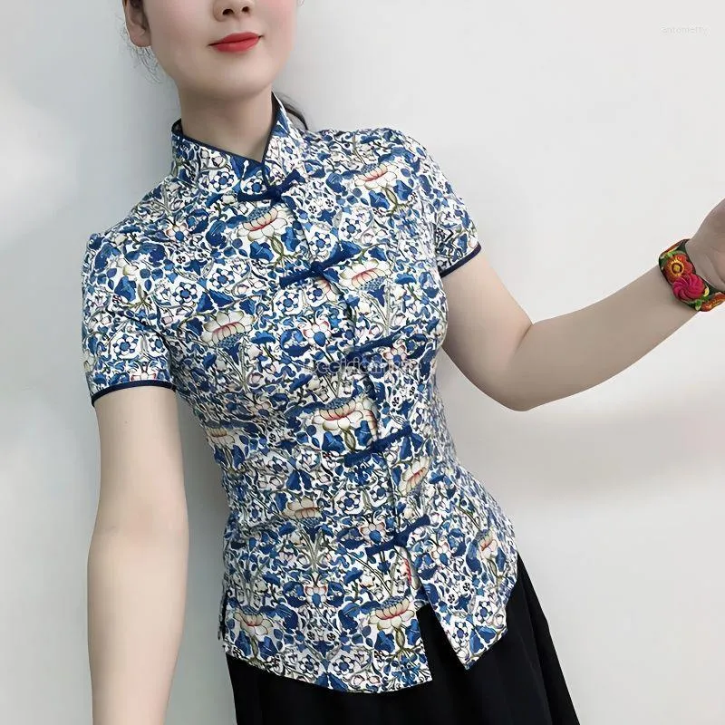 エスニック服2023タン・スーツ女性半袖チョンサムスタイルブラウスレトロ改善中国のパンバックルQIPAOトップS248