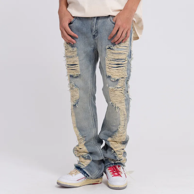 Jeans pour hommes Harajuku déchiré trou effiloché bleu délavé pantalon pour hommes et femmes poches Streetwear décontracté Baggy Denim pantalon 230619