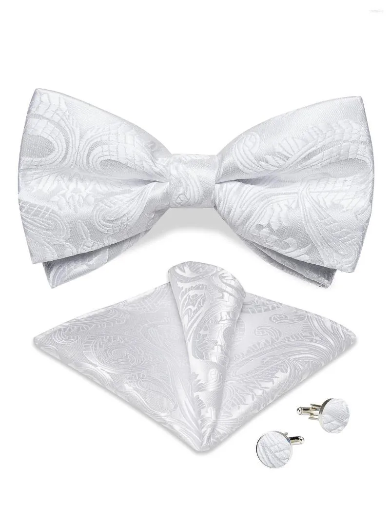 Bow Ties Dibangu Luxury Förbunden bowtie för man kvinnor bröllop brudgum vit paisley justerbar mäns slips ficka fyrkantiga manschettknappar