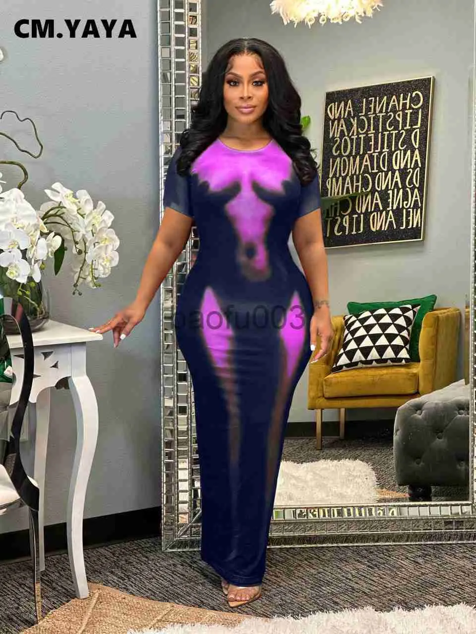 Casual Dresses CM.Yaya Women 3D Body Print Kort ärm O-hals Maxi Long Dress 2023 Streetwear Fashion Club Evening Sexy Dresses Vestidos J230619