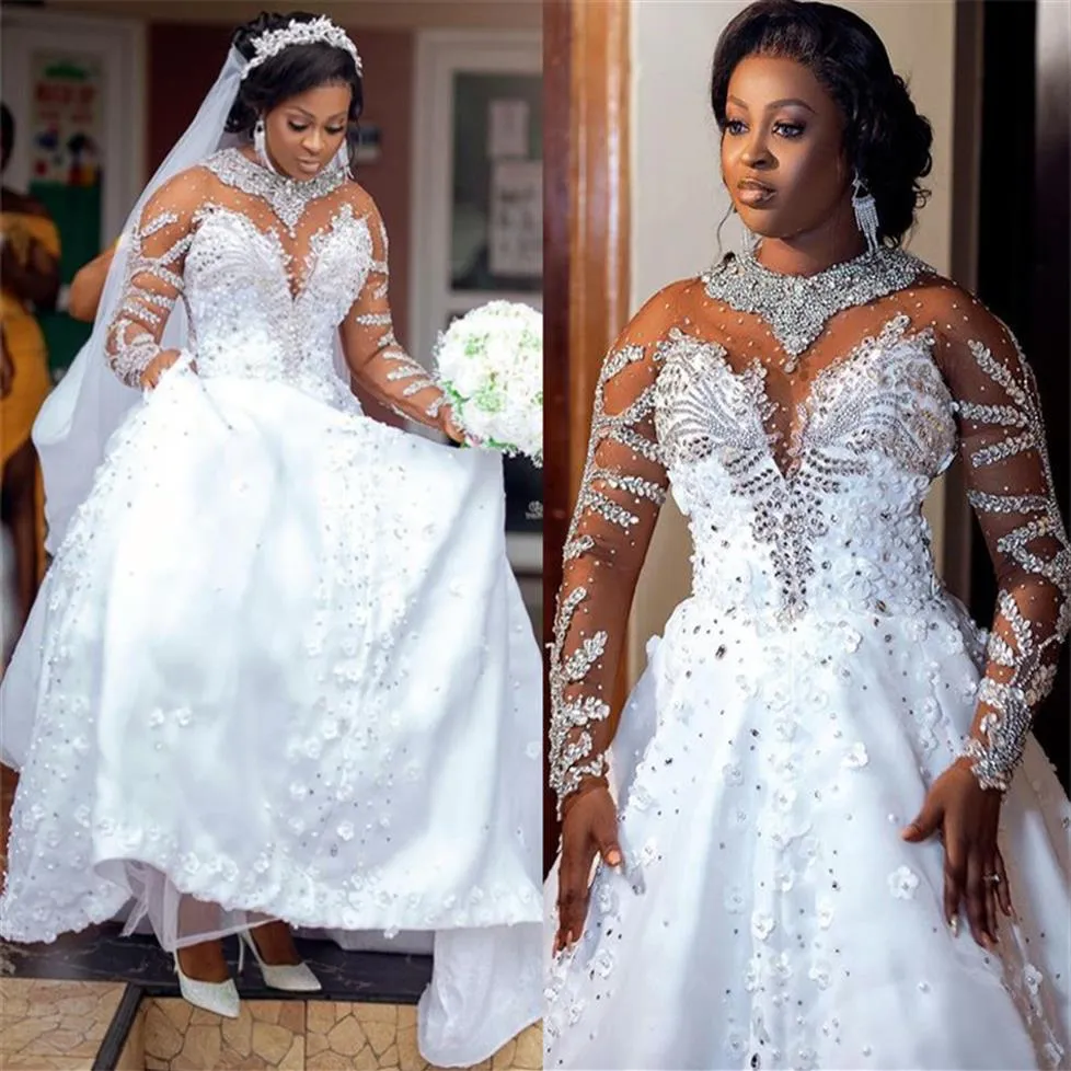 2021 Plus Size Arabic Aso Ebi Luxurious Lace Crystals Wedding Dress Sheer Neck Long Sleeves Beaded A-line Bridal Gowns Dresses ZJ0321R