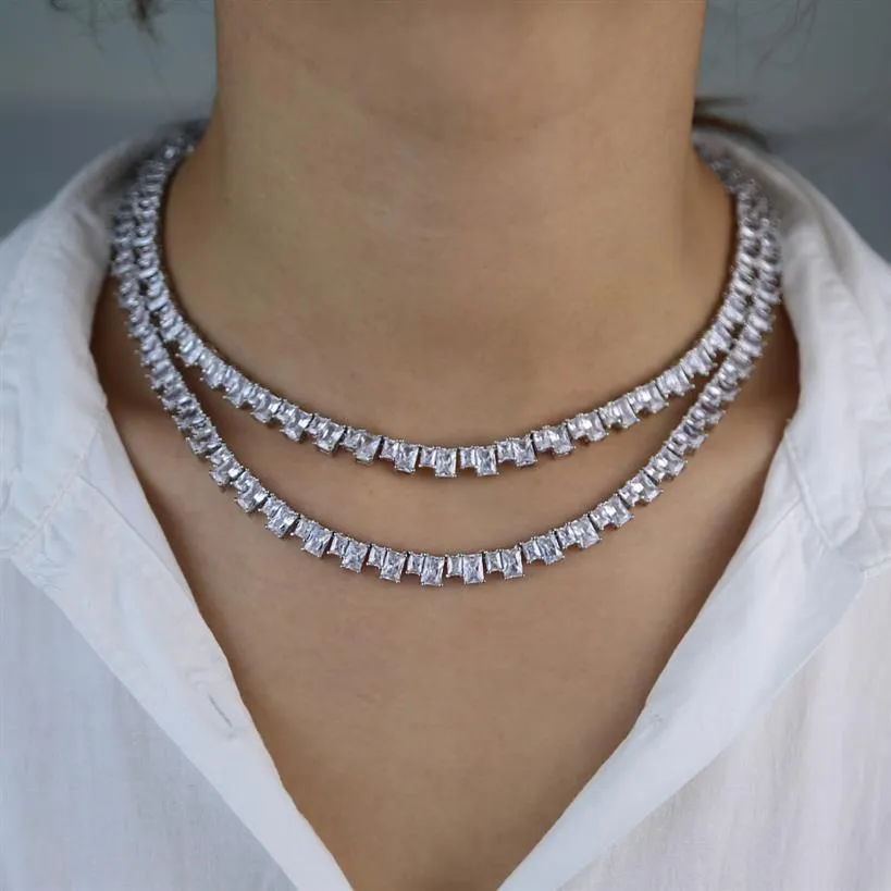 Iced out silver baguette cz tennis chain necklace for women high quality hip hop ice 5A cubic zirconia choker jewelry in stock194b